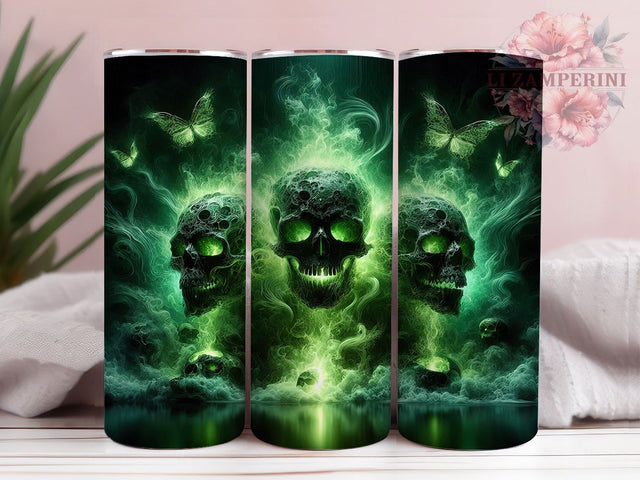 Neon Glowing Green Gothic Skull Tumbler, Dark Skull Wrap, 20oz Tumbler Sublimation, Neon Skull Design, Gothic Skull Art, Horror Tumbler Wrap, Creepy Glowing Skulls Sublimation Li Zamperini 