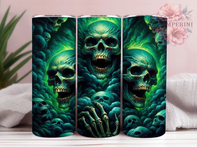 Neon Glowing Green Gothic Skull Tumbler, Dark Skull Wrap, 20oz Tumbler Sublimation, Neon Skull Design, Gothic Skull Art, Horror Tumbler Wrap, Creepy Glowing Skulls Sublimation Li Zamperini 