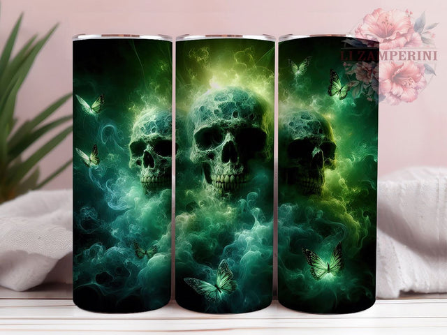Neon Glowing Green Gothic Skull Tumbler, Dark Skull Wrap, 20oz Tumbler Sublimation, Neon Skull Design, Gothic Skull Art, Horror Tumbler Wrap, Creepy Glowing Skulls Sublimation Li Zamperini 