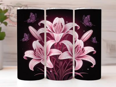 Neon Glowing Lily Floral Tumbler, Glowing Floral Wrap, 20Oz Skinny Tumbler, Pink Lilies Sublimation, Bright Flower Design, Vibrant Garden Tumbler, Electric Bloom Wrap Sublimation Lara' s Designs 