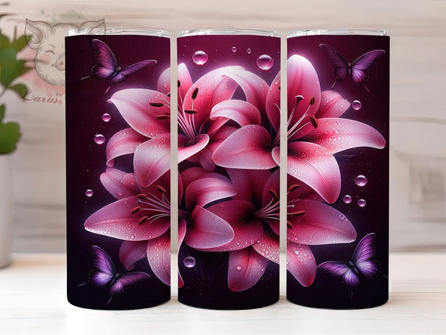 Neon Glowing Lily Floral Tumbler, Glowing Floral Wrap, 20Oz Skinny Tumbler, Pink Lilies Sublimation, Bright Flower Design, Vibrant Garden Tumbler, Electric Bloom Wrap Sublimation Lara' s Designs 