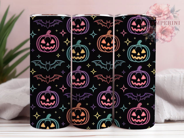 Neon Glowing Pumpkin Bat Halloween Tumbler, Glowing Halloween Wrap, Pink Green Star Design, 20Oz Skinny Tumbler, Bright Spooky Sublimation, Funky Halloween Drinkware, Colorful Bat Tumbler Sublimation Li Zamperini 