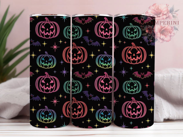Neon Glowing Pumpkin Bat Halloween Tumbler, Glowing Halloween Wrap, Pink Green Star Design, 20Oz Skinny Tumbler, Bright Spooky Sublimation, Funky Halloween Drinkware, Colorful Bat Tumbler Sublimation Li Zamperini 