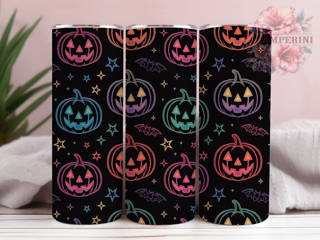 Neon Glowing Pumpkin Bat Halloween Tumbler, Glowing Halloween Wrap, Pink Green Star Design, 20Oz Skinny Tumbler, Bright Spooky Sublimation, Funky Halloween Drinkware, Colorful Bat Tumbler Sublimation Li Zamperini 