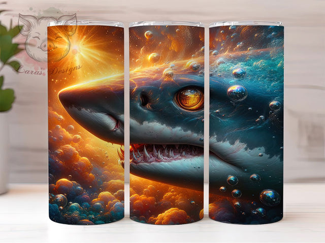 Neon Glowing Shark Ocean Tumbler, Ocean Wrap, 20Oz Tumbler, Sublimation Design, Deep Sea Vibes, Neon Predator, Marine Life Sublimation Lara' s Designs 
