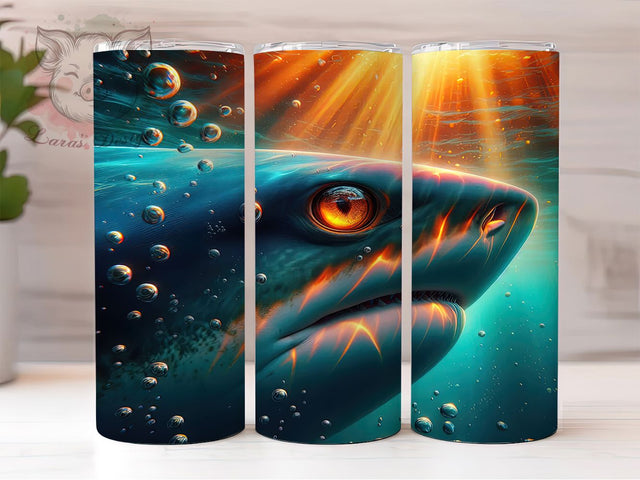 Neon Glowing Shark Ocean Tumbler, Ocean Wrap, 20Oz Tumbler, Sublimation Design, Deep Sea Vibes, Neon Predator, Marine Life Sublimation Lara' s Designs 