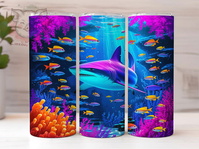 Neon Glowing Shark Tumbler, Glowing Shark Pattern, Bright Ocean Design, 20Oz Sublimation Wrap, Neon Sea Life Art, Colorful Shark Texture, Tumbler Sublimation Sublimation Lara' s Designs 