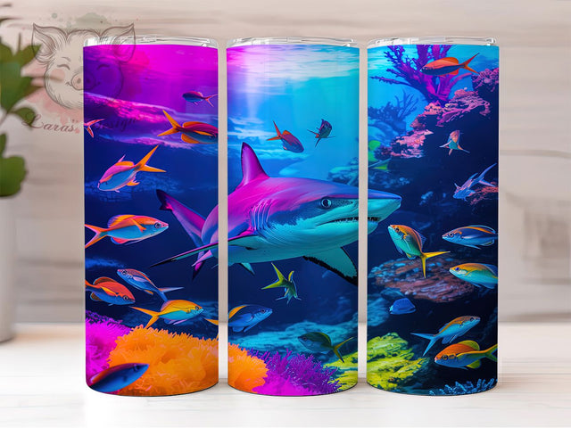 Neon Glowing Shark Tumbler, Glowing Shark Pattern, Bright Ocean Design, 20Oz Sublimation Wrap, Neon Sea Life Art, Colorful Shark Texture, Tumbler Sublimation Sublimation Lara' s Designs 
