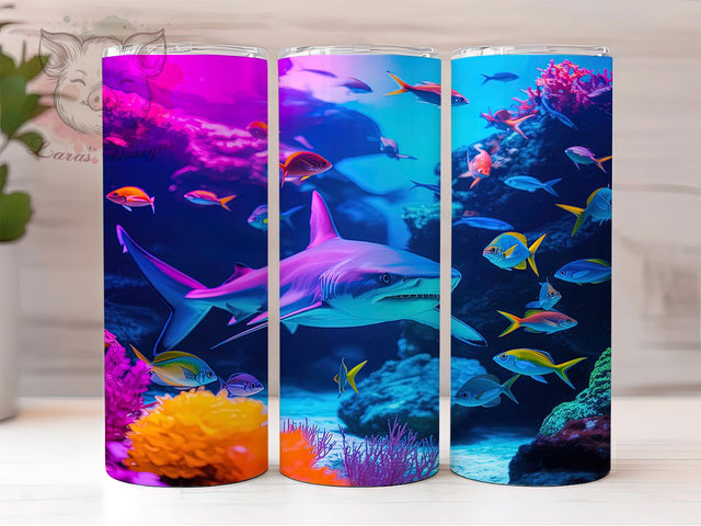 Neon Glowing Shark Tumbler, Glowing Shark Pattern, Bright Ocean Design, 20Oz Sublimation Wrap, Neon Sea Life Art, Colorful Shark Texture, Tumbler Sublimation Sublimation Lara' s Designs 