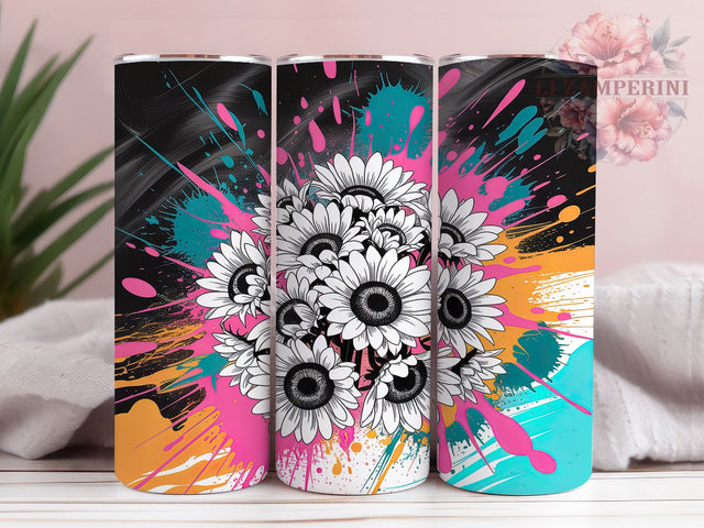 Neon Glowing Sunflower Tumbler, Black and White Sunflower, Glowing Sunflower Design, 20Oz Sublimation Wrap, Neon Floral Art, Contrast Sunflower Texture Sublimation Li Zamperini 