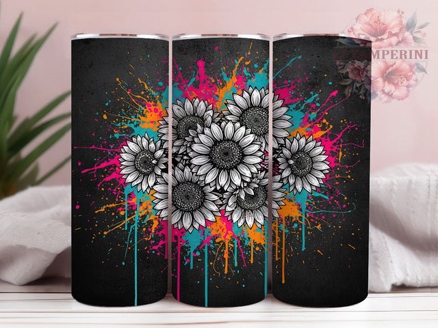 Neon Glowing Sunflower Tumbler, Black and White Sunflower, Glowing Sunflower Design, 20Oz Sublimation Wrap, Neon Floral Art, Contrast Sunflower Texture, Tumbler Sublimation Sublimation Li Zamperini 