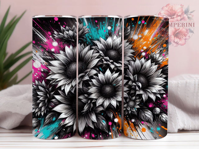 Neon Glowing Sunflower Tumbler, Black and White Sunflower, Glowing Sunflower Design, 20Oz Sublimation Wrap, Neon Floral Art, Contrast Sunflower Texture, Tumbler Sublimation Sublimation Li Zamperini 