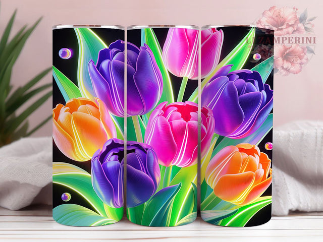 Neon Glowing Tulip Tumbler, Colorful Tulip Pattern, Glowing Floral Design, 20Oz Sublimation Wrap, Vibrant Tulip Art, Neon Flower Texture, Tumbler Sublimation Sublimation Li Zamperini 