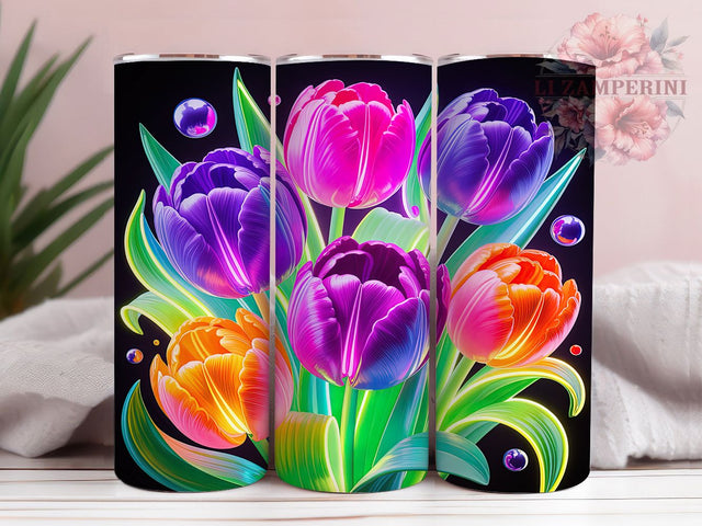Neon Glowing Tulip Tumbler, Colorful Tulip Pattern, Glowing Floral Design, 20Oz Sublimation Wrap, Vibrant Tulip Art, Neon Flower Texture, Tumbler Sublimation Sublimation Li Zamperini 