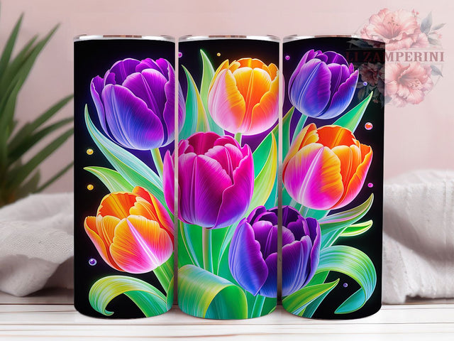 Neon Glowing Tulip Tumbler, Colorful Tulip Pattern, Glowing Floral Design, 20Oz Sublimation Wrap, Vibrant Tulip Art, Neon Flower Texture, Tumbler Sublimation Sublimation Li Zamperini 