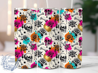 Neon Gothic Skull Rose Pattern 20oz Tumbler, Neon Skull Motif, Gothic Rose Design, Pattern Theme, Dark Fantasy Accent, Vibrant Charm, Sublimation Wrap, 20oz Tumbler Sublimation ToriDesigns 