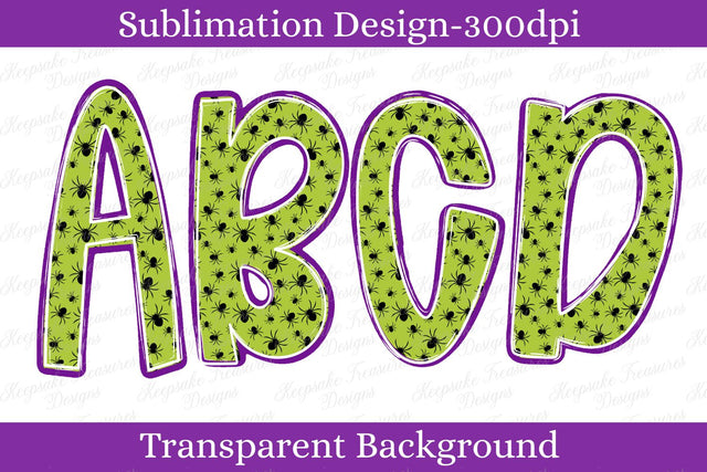 Neon Green Halloween Spider Alphabet PNG, Spooky Alpha Letters Numbers, Halloween Sublimation Font, Personalized Name Design Sublimation Keepsake Treasures Designs LLC. 