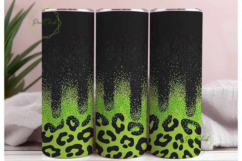 Neon Green Leopard Glitter Tumbler Wrap Sublimation PixelChick 