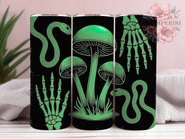 Neon Green Snake Gothic Tumbler Wrap, Gothic Mushroom Wrap, Skeleton Hand Cup, 20Oz Sublimation Design, Dark Gothic Drinkware, Snake And Mushroom Tumbler, Spooky Neon Wrap Sublimation Li Zamperini 