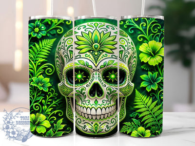 Neon Green Sugar Skull 20oz Tumbler, Sugar Skull Motif, Neon Theme, Green Accent, Glow Art Design, Festive Charm, Sublimation Wrap, 20oz Tumbler Sublimation ToriDesigns 