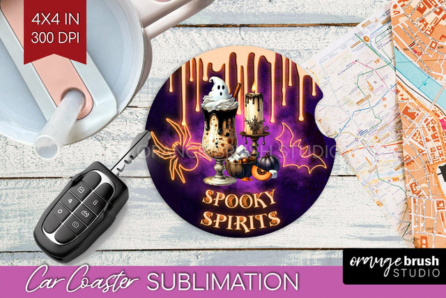 Neon Halloween Car Coaster PNG, Cocktail Coaster Sublimatoin Sublimation OrangeBrushStudio 