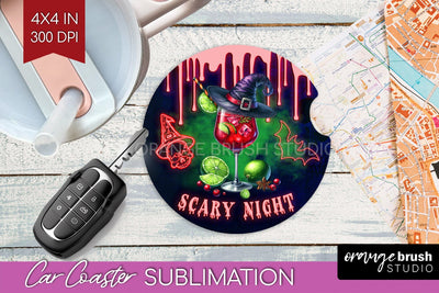 Neon Halloween Car Coaster PNG, Cocktail Coaster Sublimatoin Sublimation OrangeBrushStudio 