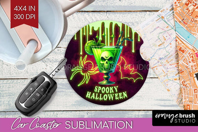 Neon Halloween Car Coaster PNG, Cocktail Coaster Sublimatoin Sublimation OrangeBrushStudio 