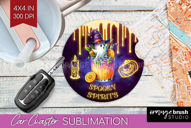 Neon Halloween Car Coaster PNG, Cocktail Coaster Sublimatoin Sublimation OrangeBrushStudio 