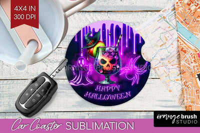 Neon Halloween Car Coaster PNG, Cocktail Coaster Sublimatoin Sublimation OrangeBrushStudio 
