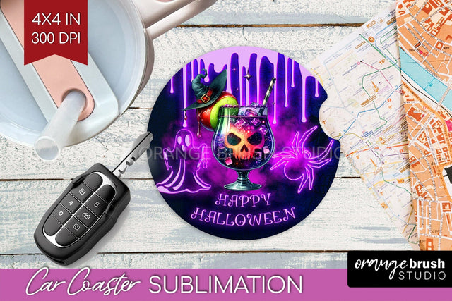 Neon Halloween Car Coaster PNG, Cocktail Coaster Sublimatoin Sublimation OrangeBrushStudio 