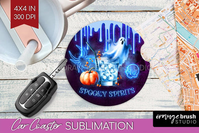 Neon Halloween Car Coaster PNG, Cocktail Coaster Sublimatoin Sublimation OrangeBrushStudio 