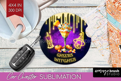 Neon Halloween Car Coaster PNG, Cocktail Coaster Sublimatoin Sublimation OrangeBrushStudio 