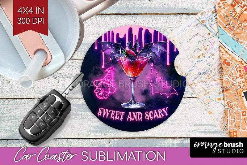 Neon Halloween Car Coaster PNG, Cocktail Coaster Sublimatoin Sublimation OrangeBrushStudio 