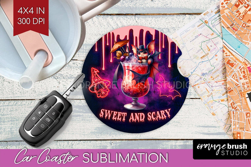 Neon Halloween Car Coaster PNG, Cocktail Coaster Sublimatoin Sublimation OrangeBrushStudio 