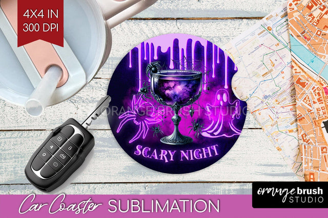 Neon Halloween Car Coaster PNG, Cocktail Coaster Sublimatoin Sublimation OrangeBrushStudio 