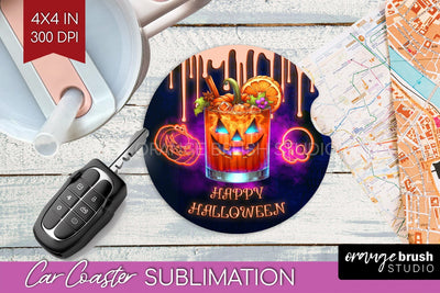 Neon Halloween Car Coaster PNG, Cocktail Coaster Sublimatoin Sublimation OrangeBrushStudio 