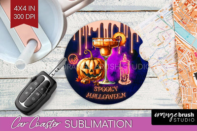 Neon Halloween Car Coaster PNG, Cocktail Coaster Sublimatoin Sublimation OrangeBrushStudio 