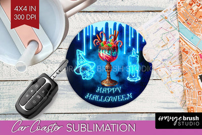 Neon Halloween Car Coaster PNG, Cocktail Coaster Sublimatoin Sublimation OrangeBrushStudio 