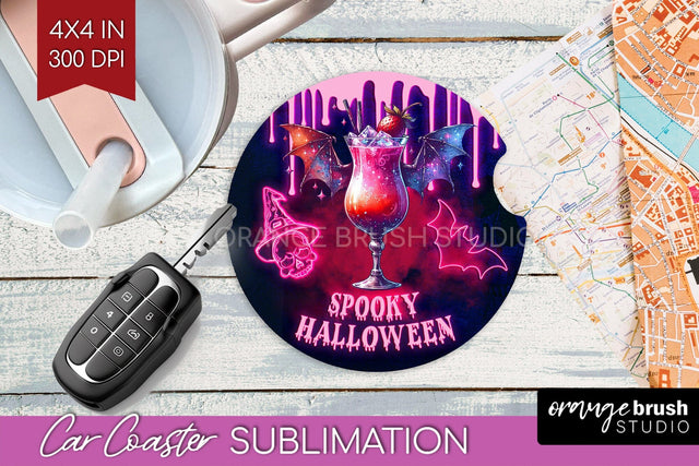 Neon Halloween Car Coaster PNG, Cocktail Coaster Sublimatoin Sublimation OrangeBrushStudio 