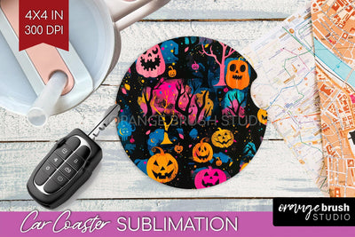 Neon Halloween Car Coaster Sublimatoin, Halloween Pattern Sublimation OrangeBrushStudio 