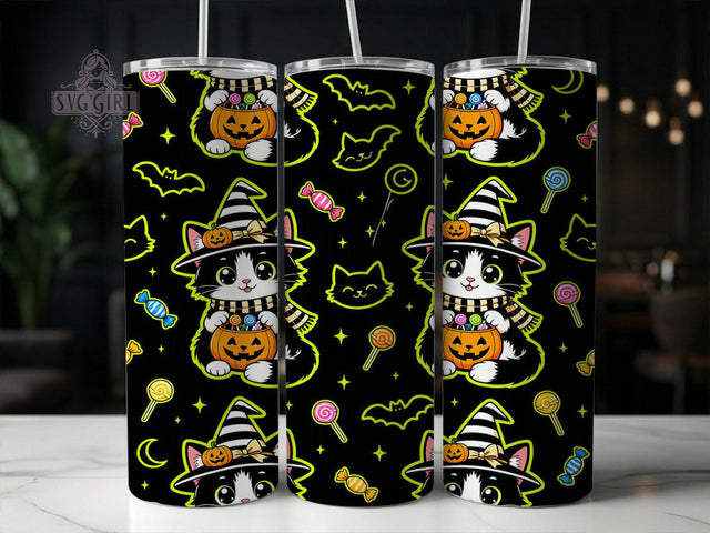 Neon Halloween Cat 20oz Tumbler, Neon halloween cat, Halloween tumbler wrap, 20oz skinny tumbler, Neon cat design, Halloween cat print, Sublimation halloween design, Glow cat wrap Sublimation SvggirlplusArt 
