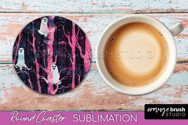 Neon Halloween Coasters - Spooky Round Coaster Sublimation Sublimation OrangeBrushStudio 