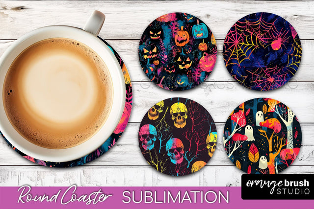 Neon Halloween Coasters - Spooky Round Coaster Sublimation Sublimation OrangeBrushStudio 
