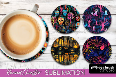 Neon Halloween Coasters - Spooky Round Coaster Sublimation Sublimation OrangeBrushStudio 