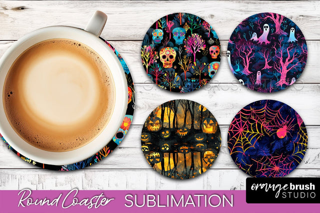 Neon Halloween Coasters - Spooky Round Coaster Sublimation Sublimation OrangeBrushStudio 