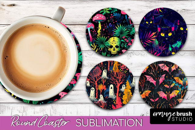Neon Halloween Coasters - Spooky Round Coaster Sublimation Sublimation OrangeBrushStudio 