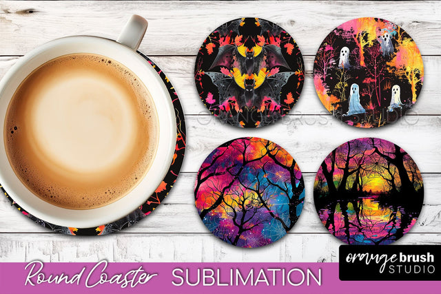 Neon Halloween Coasters - Spooky Round Coaster Sublimation Sublimation OrangeBrushStudio 