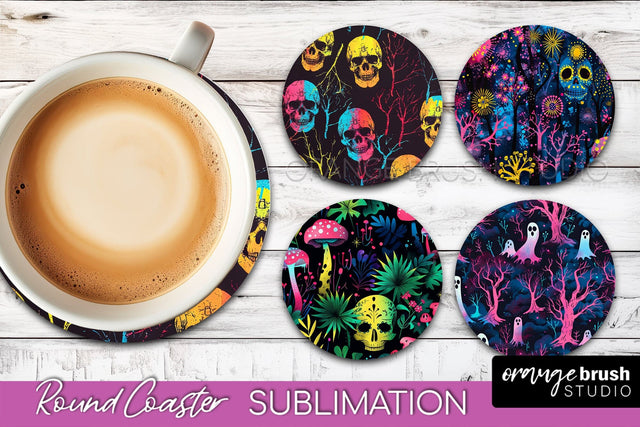Neon Halloween Coasters - Spooky Round Coaster Sublimation Sublimation OrangeBrushStudio 