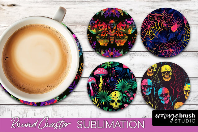 Neon Halloween Coasters - Spooky Round Coaster Sublimation Sublimation OrangeBrushStudio 