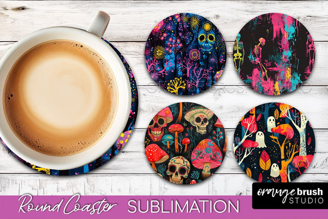 Neon Halloween Coasters - Spooky Round Coaster Sublimation Sublimation OrangeBrushStudio 